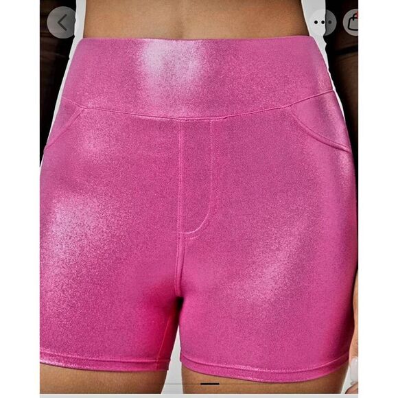 NWT SOFTLYZERO FAUX LEATHER HIGH WAISTED METALLIC FOIL PRINT STRETCHY CASUAL BIK - Picture 4 of 7